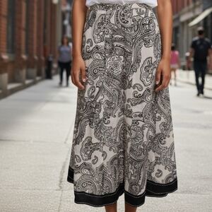 Linen Blend  Black and White Paisley A-Line Skirt 6874
